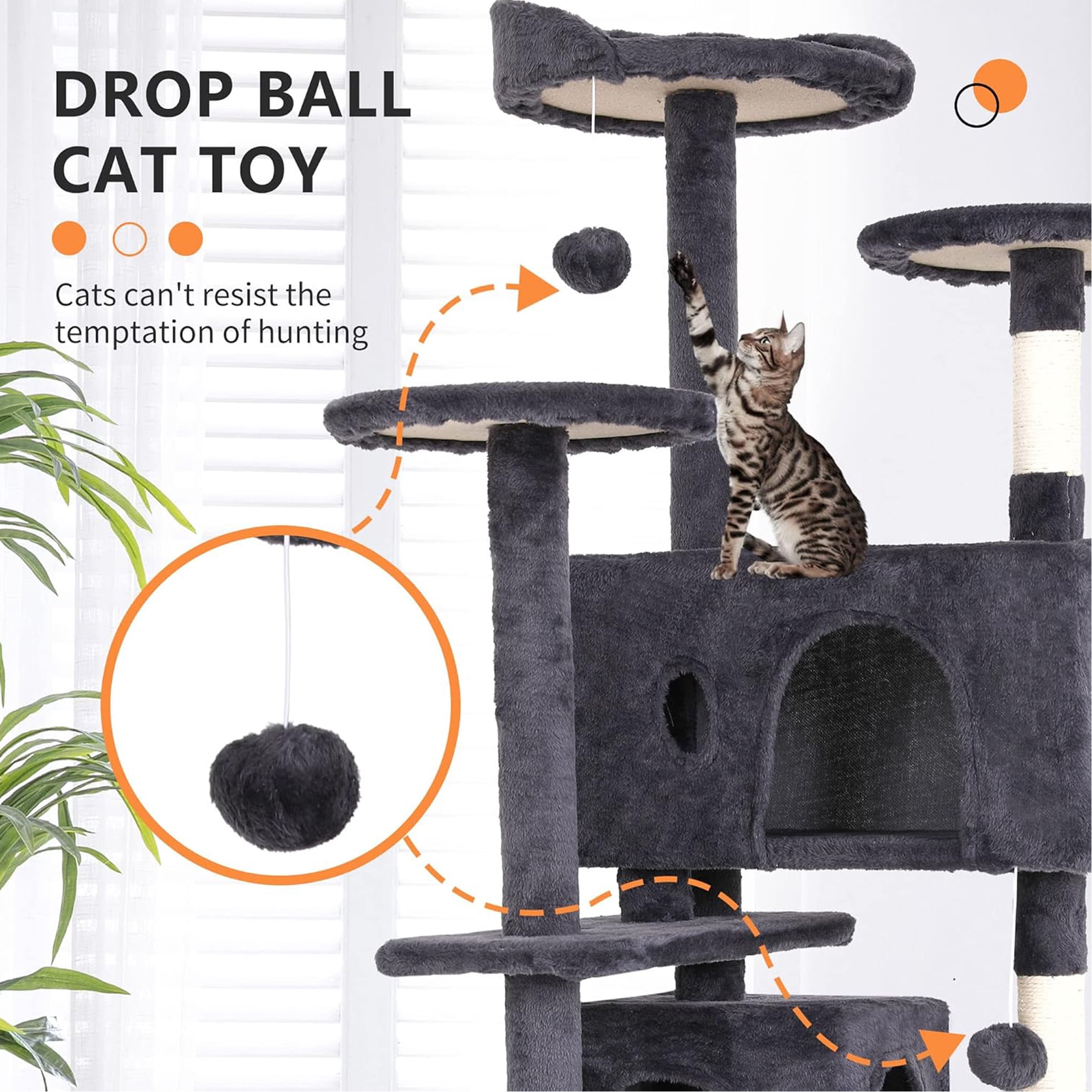 XF XINFENG 54in Cat Tree Tower Stand Multi-Level Kittens Cozy Condo Furniture Cats House with Funny Toys Scratching Sisal Posts for Indoor, Ashy