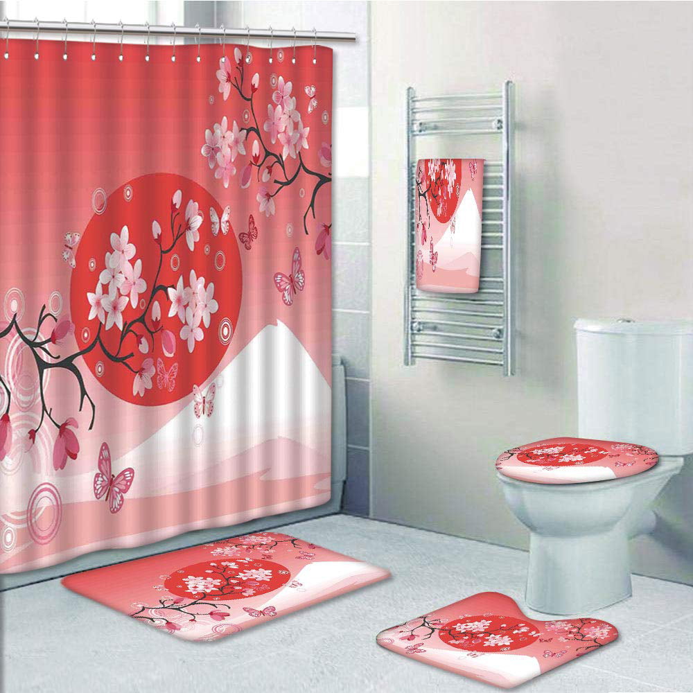 Japan Mount Fuji Cherry Shower Curtain Liner Polyester Fabric Bathroom Mat Set