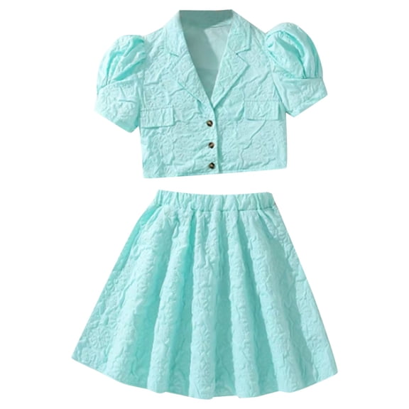 WQQZJJ Teen Girl's Skirt Set, Solid Color Chiffon Printed Set, Button Lapel Pocket Bubble Short Sleeve Shirt Elastic Waist Half-body Skirt Set