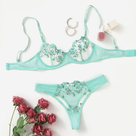 uublik Womens Lingerie Set Valentine s Day Spaghetti Strap 2 Piece Goth Wireless Bras and Panties Set Mint Green XL