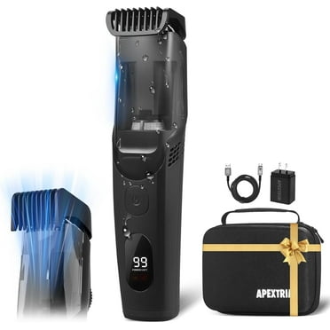 Rechargeable Vacuum Beard Trimmer for Men - IPX6 Waterproof, Adjustable Length Combs (1-25mm), Cordless Stubble & Mustache Trimmer - Black
