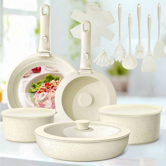 27pcs Ceramic Nonstick Kitchen Pots And Pans Set Cookware Sets With Removable Handles, Oven & Dishwasher, Stackable, Induction Ready, Including Frying Pans, Sauce Pans, Beige,Stainless Steel