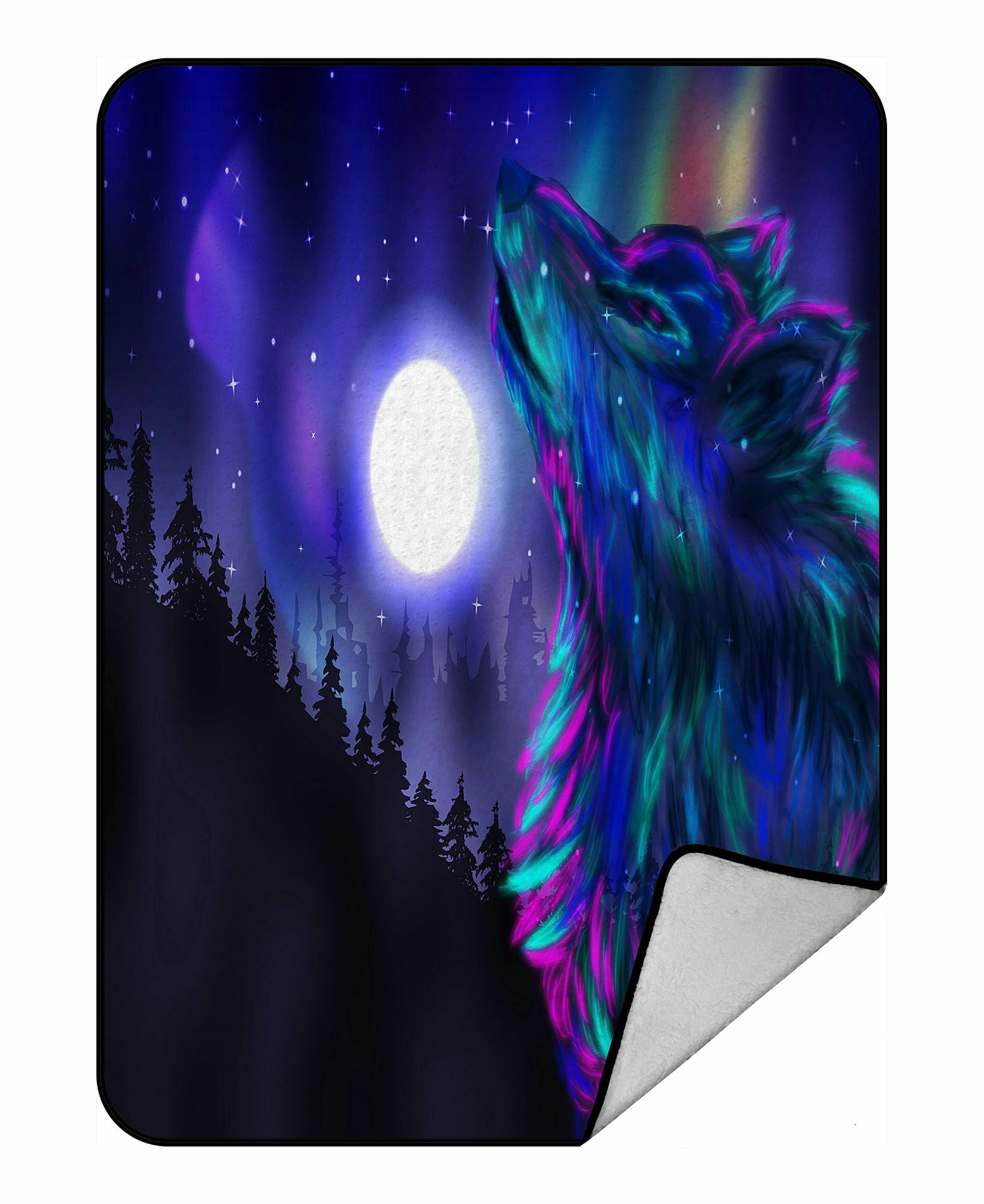 New Northern Lights Wolf Plush Fleece Throw Gift Blanket Sherpa Green Sky Moon 