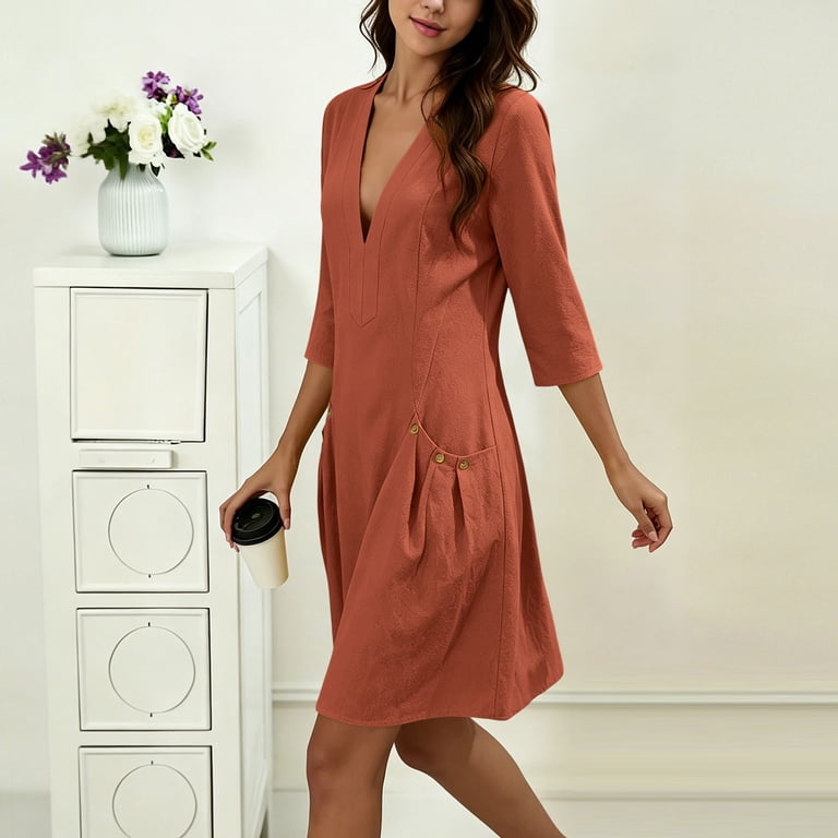 v-neck linen-blend mini dress Linen Blend Mini Dress, V-Neck Petal Collar