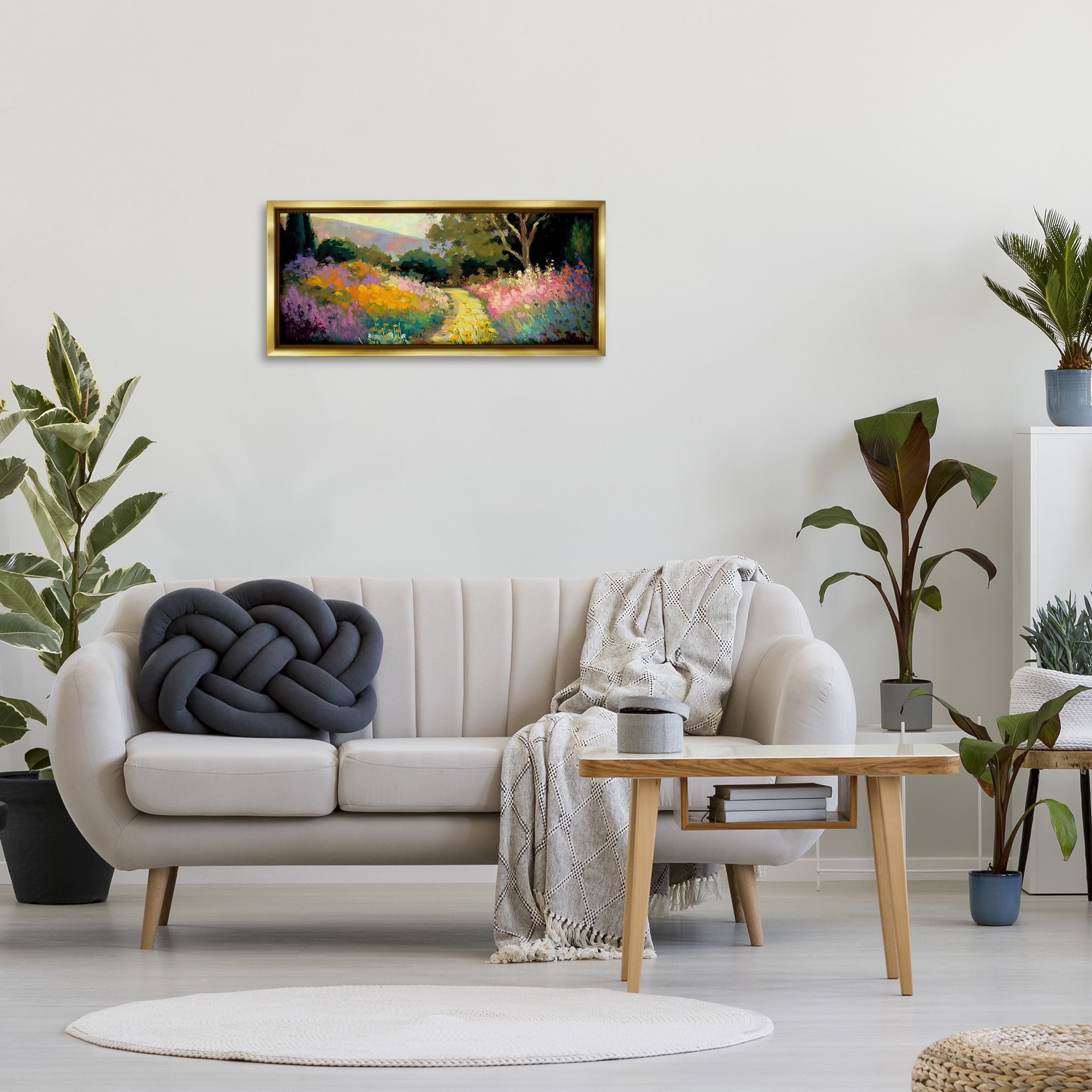 Stupell Industries Modern Meadow Path Landscape Painting Gold Floater Framed Canvas Art Print Wall Art, 31 x 14