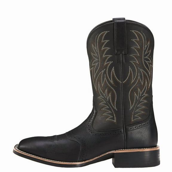 Western Boots for Men-Low-Heel Stitching Mid-Pipe Cowboy Boots Retro Square Toe Wide Calf Pull On Boots