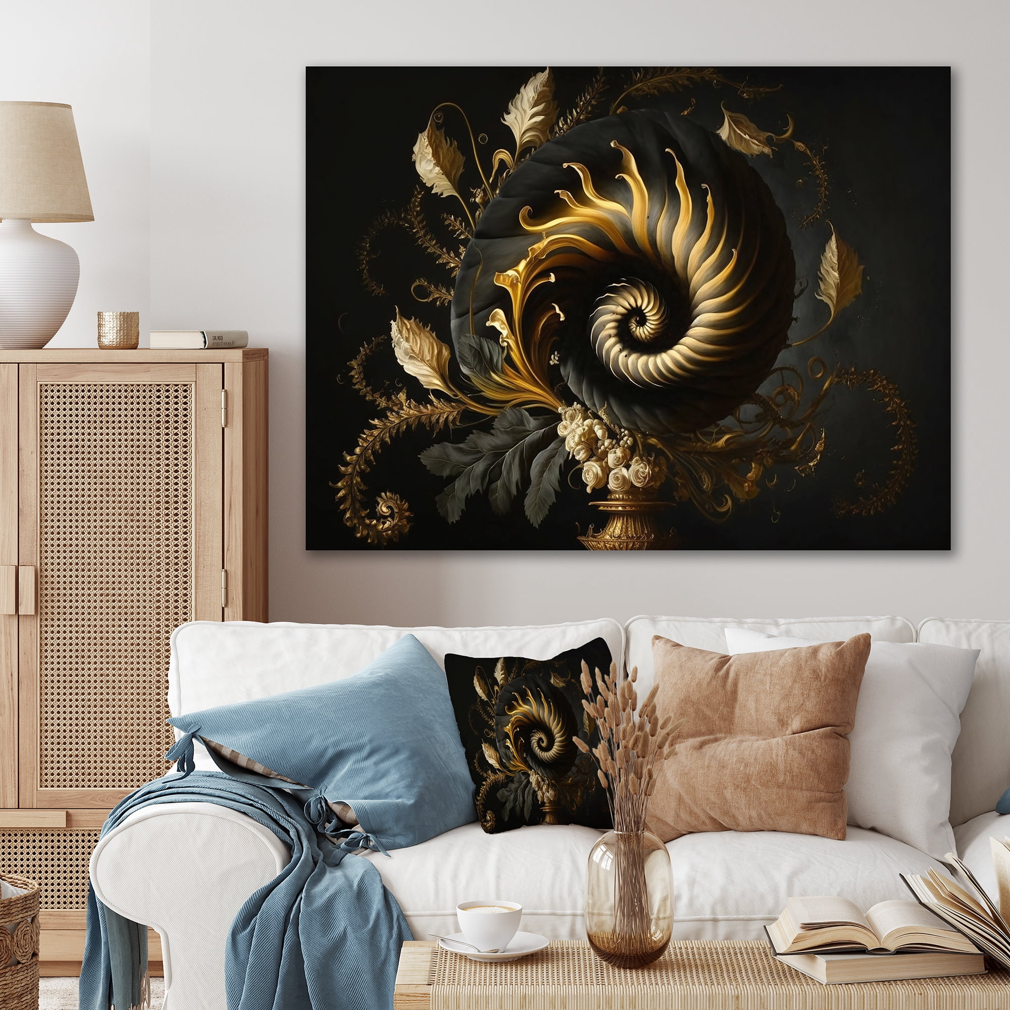 Designart A Black And Gold Spiral Flower I Canvas Wall Art