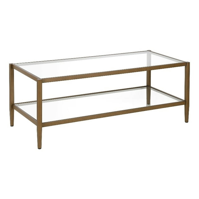 Henn&Hart Mid-Century Glass Coffee Table with Steel Frame in Antique Brass