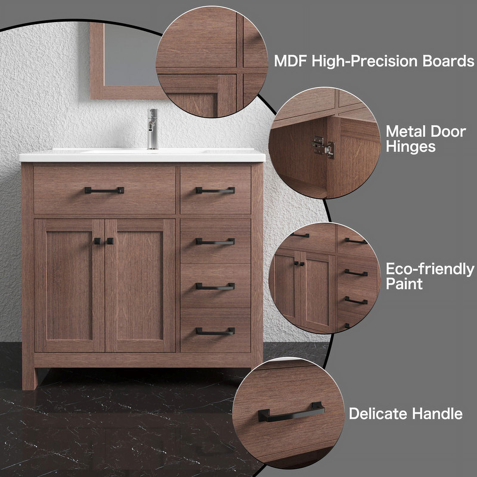 Wonline 36" Luxurious Bathroom Vanity Cabinet with Sink Combo Set，Undermount Ceramic Sink w/Thickened Wood,Faucet,Mirror,Brown
