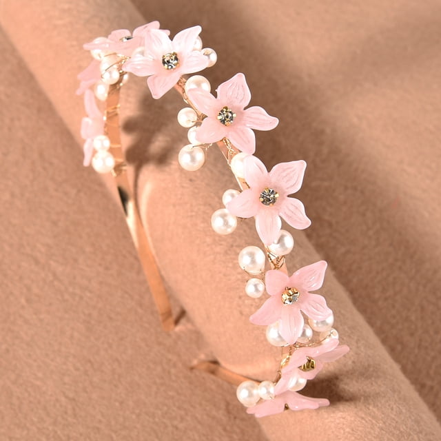 Granjero Gordo Horquilla de flores para novia, tocado de perlas de cristal, joyería para el cabello de boda dorada (rosa)