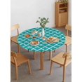 thumbnail image 2 of Teal Green Morocco Round Fitted Tablecloth with Elastic Edged, Geometric Lattice Trellis Waterproof Oil Proof Table Cover for Dinner Outdoor Picnic Wedding Party - Fits 36" - 44" Round Tables, 2 of 6
