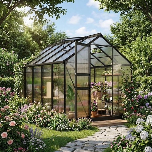 8x10FT Walk-In Aluminum Greenhouse, Heavy Duty Polycarbonate, Quick Setup with Roof Vent & Lockable Door for Backyard/Patio