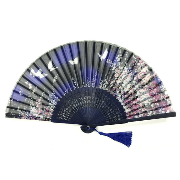 Wrapables® Silk Handheld Folding Fan with Tassel and Protective Sleeve, Floating Butterflies Blue