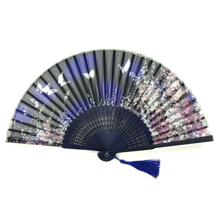Folding Hand Fan - Wrapables® Silk Handheld Folding Fan with Tassel and Protective Sleeve, Floating Butterflies Blue