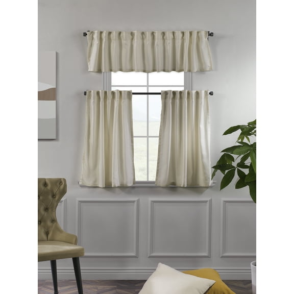 3S Brother's Solid Linen Look Curtains Drapes Kitchen Valance Set of 3 Hanging Rod Pocket Window Valance Treatments Decorative Valances Tiers Café Curtains (Cream 50"x14"Valance - 24"x30"Tiers)