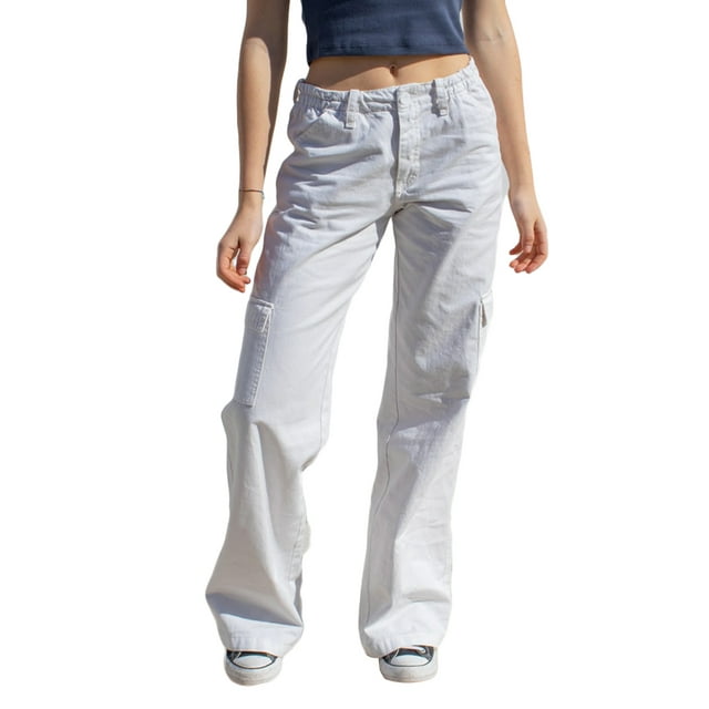 Faithtur Cargo Pantalons pour Femmes, Fermeture Éclair Bouton Décontracté Rue Solide Pantalons Amples avec Poches