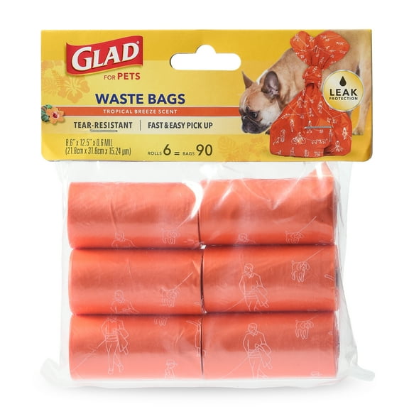 Glad for Pets Large Dog Waste Bags, Scented, Tear-Resistant, 6 Rolls | 90 Bags Total