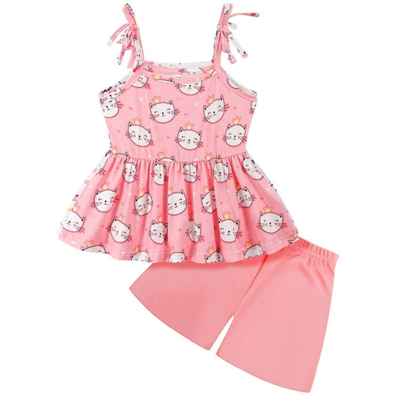 Toddler Baby Girls Summer Clothes Outfits Tie Knot Shoulder Sleeveless Cat Shirt and Shorts Pants Sets 2PCS Size 2T