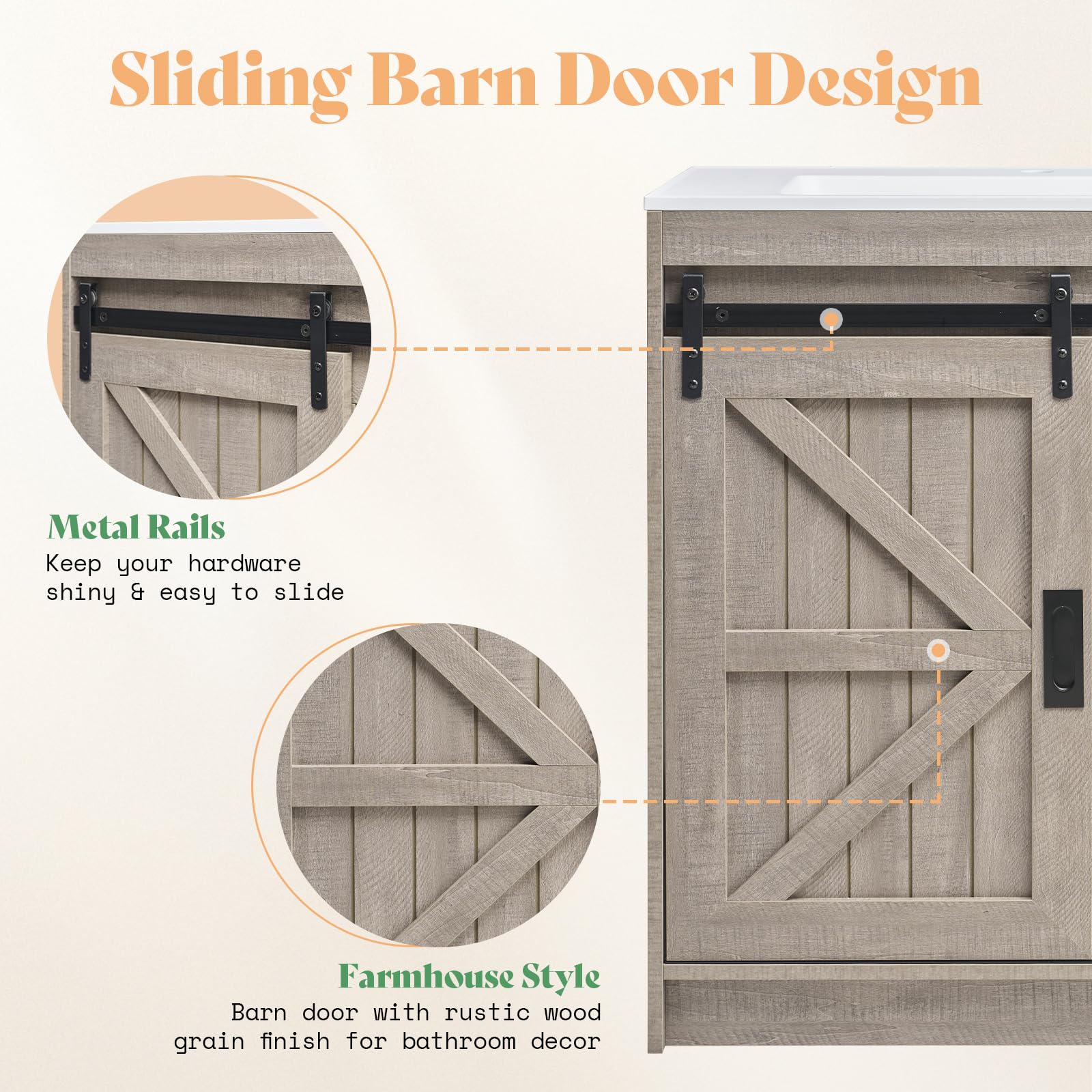 VANACC 31" Farmhouse Sliding Barn Door Bathroom Vanity with Sink Combo, Bathroom Vanity Cabinet with Drawers & Metal Handles, Freestanding, Gray