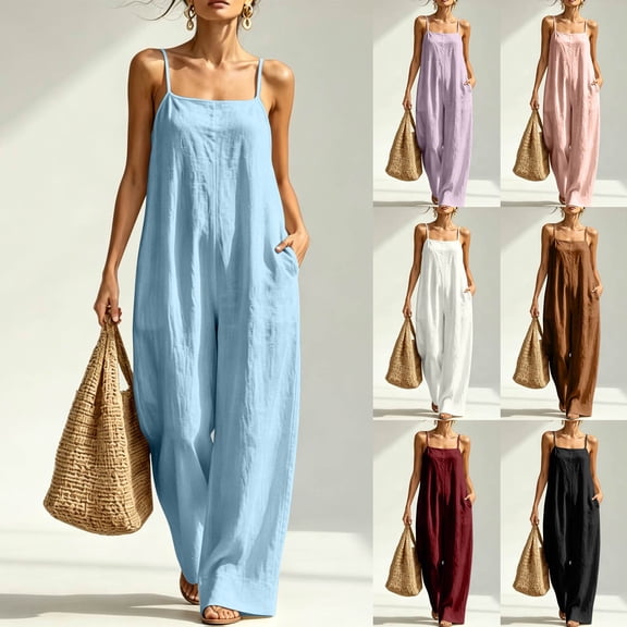 Women's Linen-Blend Sleeveless Jumpsuit - Spaghetti Strap Wide Leg Romper with Pockets, Loose Fit Casual One-Piece for Spring & Summer Blue S