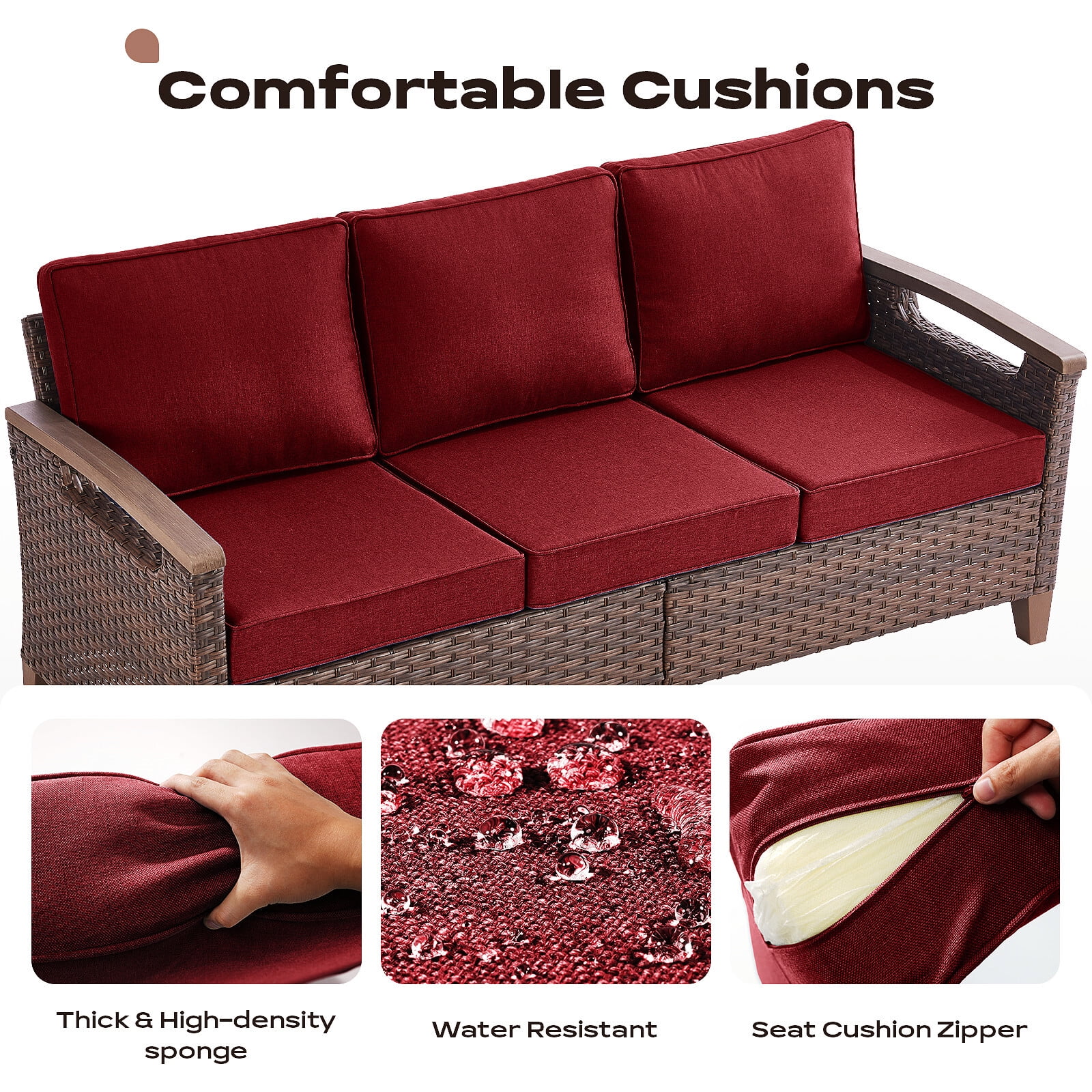 Bellefurn Wicker Patio Sofa Outdoor Couch,Patio 3 Seater Sofa Outdoor Rattan Furniture Sofa with Non-Slip Thick Cushions for Outdoor,Garden,Lawn,Backyard