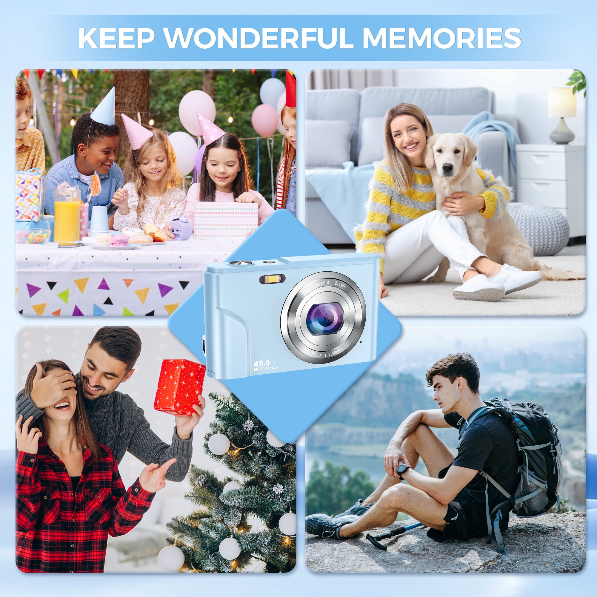Digital Camera for Beginners with 32GB TF Card, 48MP FHD 1080P Video, Autofocus, 16X Zoom, Compact Pocket Camera for Vlogging & Webcam, Ideal for Boys and Girls (Blue)