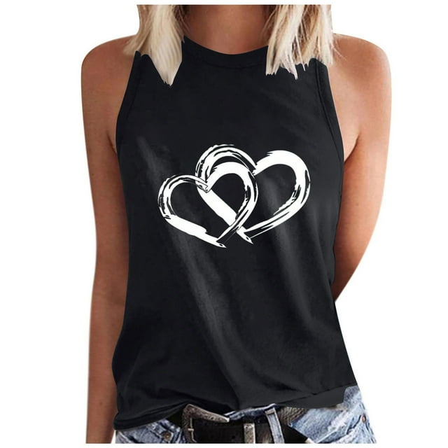 Timegard Camisoles pour Femmes Col Rond Imprimé Cœur Sans Manches Confortables Décontractées Amples Chemises Hauts Blouse