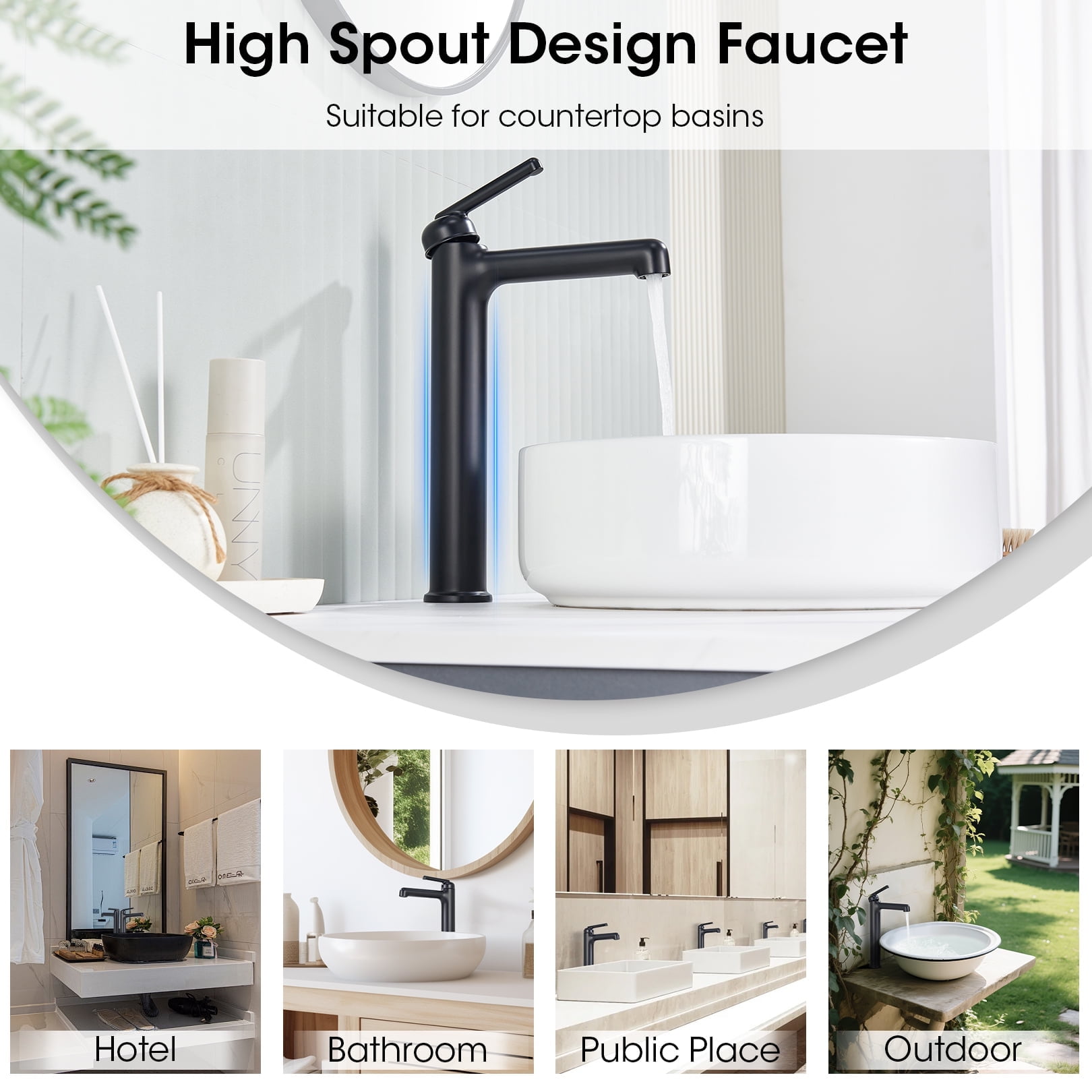 Wowkk Matte Black Bathroom Faucets 9.84" High Spout Tall Basin Faucet, Single Handle Bathroom Sink Faucet with Pop Up Drain and Faucet Supply Lines