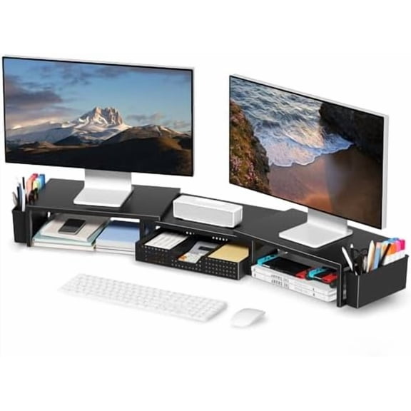 Desk Organizers and Accessories, Dual Monitor Stand Riser with Drawer and 2 Pen Holders, Desk Shelf Metal Computer Racks for Office Workspace Organizers, Desktop Organization (Black)