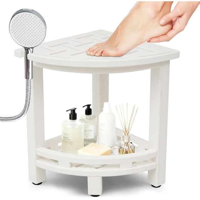 Corner Shower Stool Shower Bench for Inside Shower Small Shower Chair Seat for Shaving Legs with Storage Shelf Shower Head Holder Adjustable Feet
