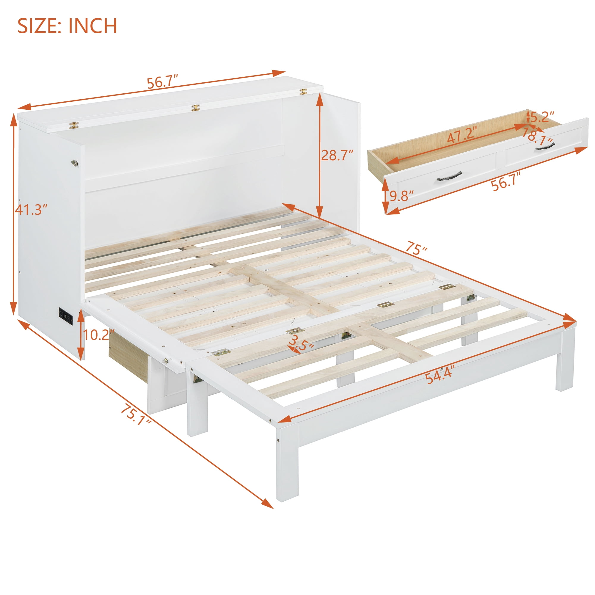 Harper & Bright Designs Rattan Full Size Murphy Bed, Wooden Full Murphy Bed Frame with Large Drawers, Folding Wall Chest Cabinet Bed for Guest Room, White