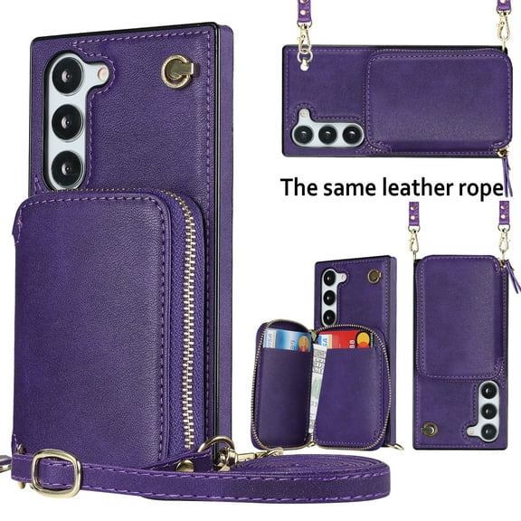 Crossbody Wallet Case for Samsung S22, RFID Blocking PU Leather Zipper Handbag Purse Flip Cover, Kickstand Case with Card Slots Holder Wrist Strap Lanyard for Samsung Galaxy S22, Purple