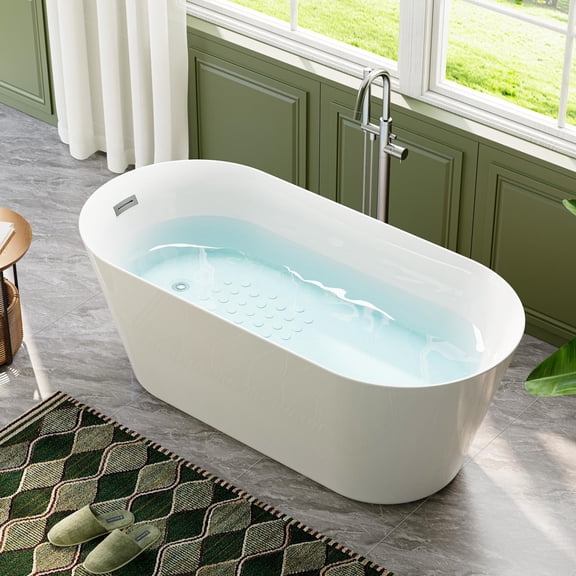 HOROW TU59-BN 59'' x 27.5'' Freestanding Soaking Acrylic Bathtub, Side Drain, Deep Soaking Interior Brushed Nickel