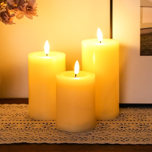 Flickering Flameless Candles Battery Operated with 10-Key Remote & 2/4/6/8-Hour Timer, Real Wax Pillar Grease Effect LED Candles Set for Chrismas/Home Decorations(Ivory)