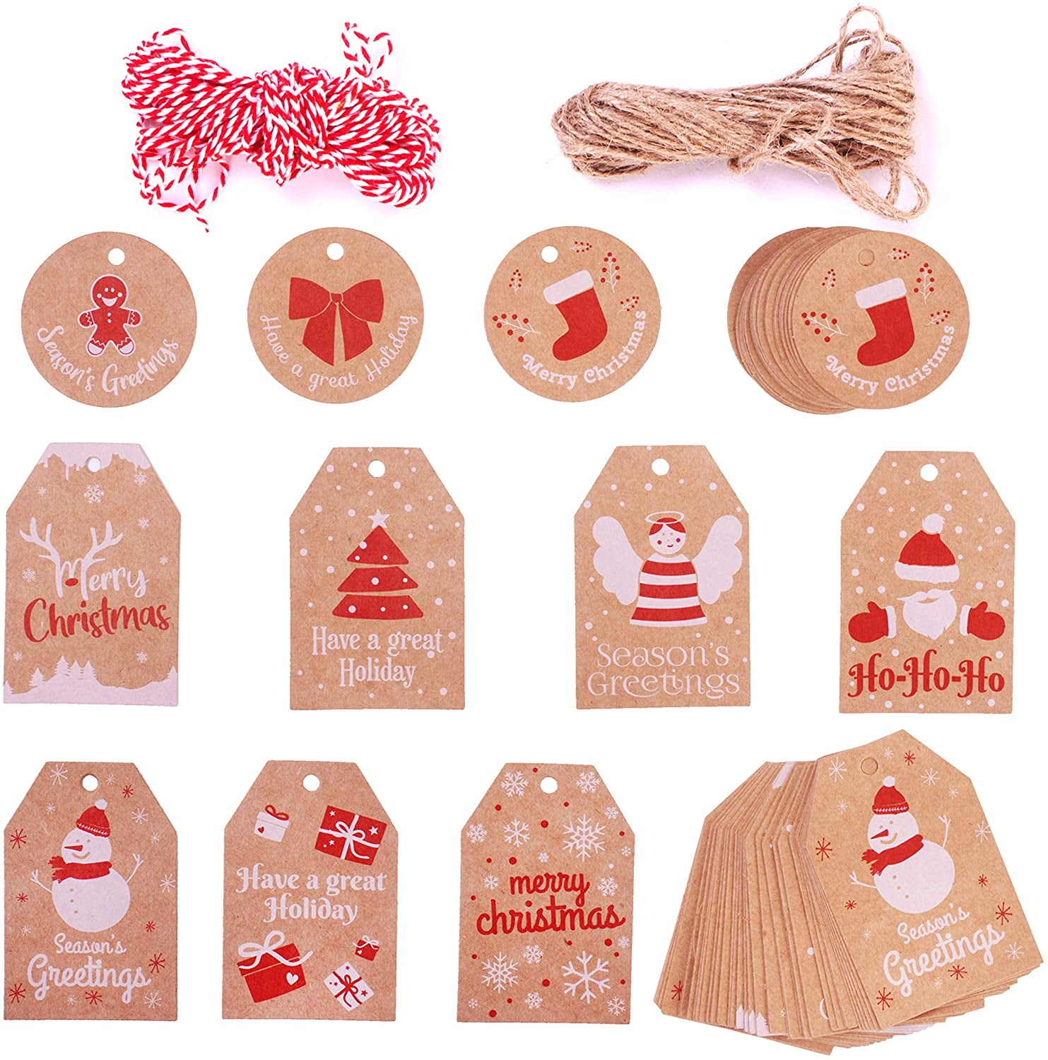 Christmas Gift Tags 100Pieces Christmas Kraft Present Gift Tags Hang Labels 10 Styles Xmas Gift Tags with 50 Red and White String and 50 Natural Twine String