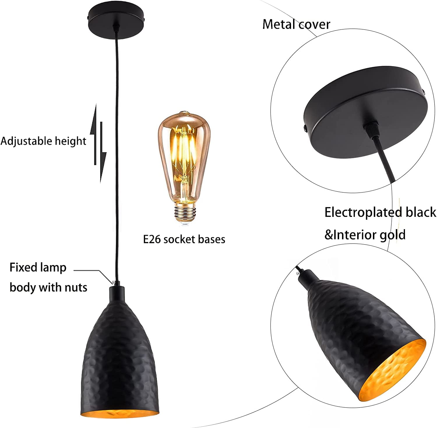 Miumaeov Black Metal Pendant Light, 1-Light Industrial Hanging Light Fixture Farmhouse Kitchen Island Pendant Lighting with 3ft Adjustable Cord, Industrial Dining Light Ceiling Lamp for Kitchen