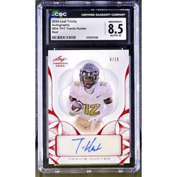 Graded 2024 Leaf Trinity Travis Hunter #BA-TH1 Red Auto Parallel Variety CGC 8.5 Football Card