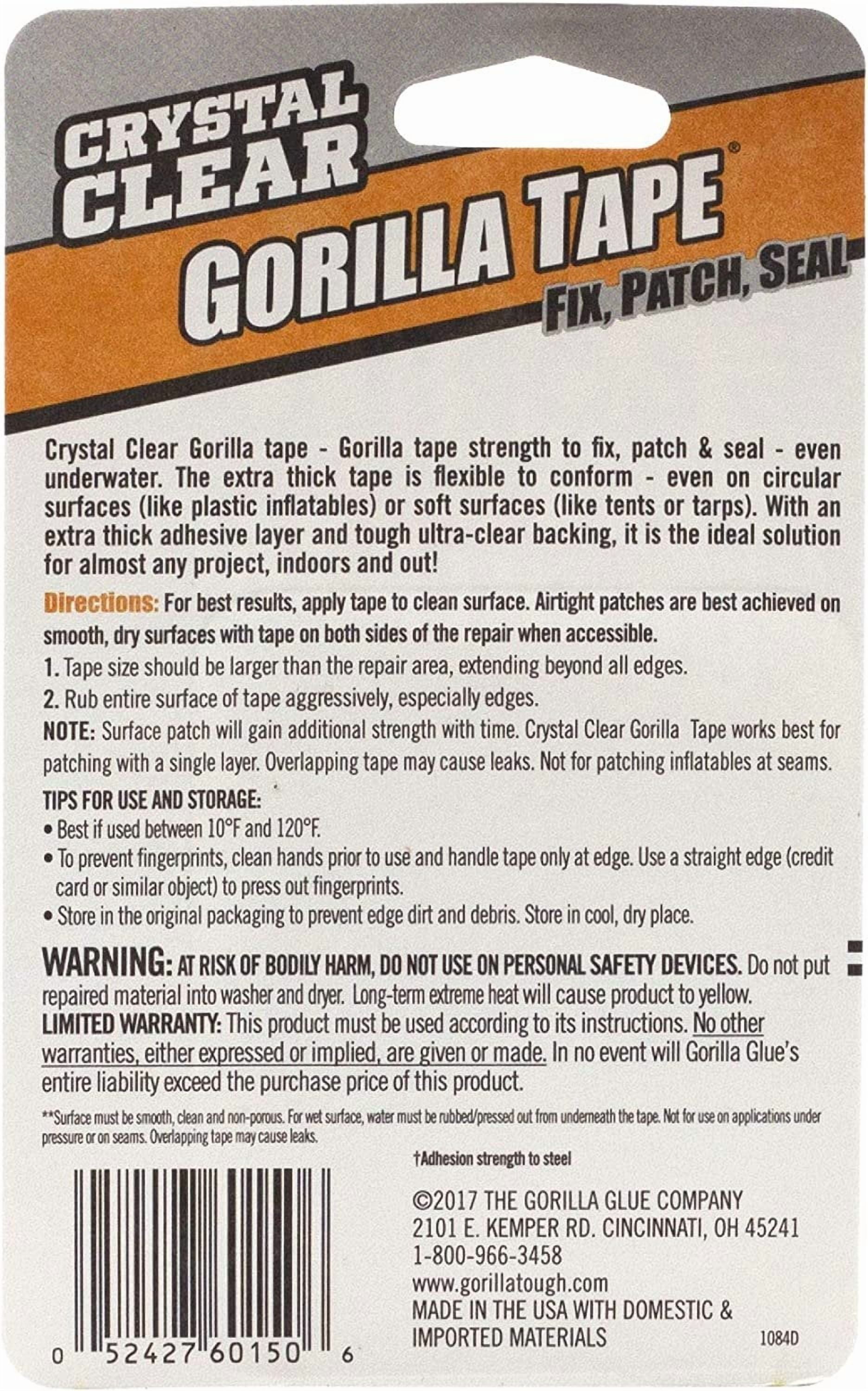 Gorilla Crystal Clear Repair Duct Tape, 1.88" x 5 yd, Clear, Pack of 5