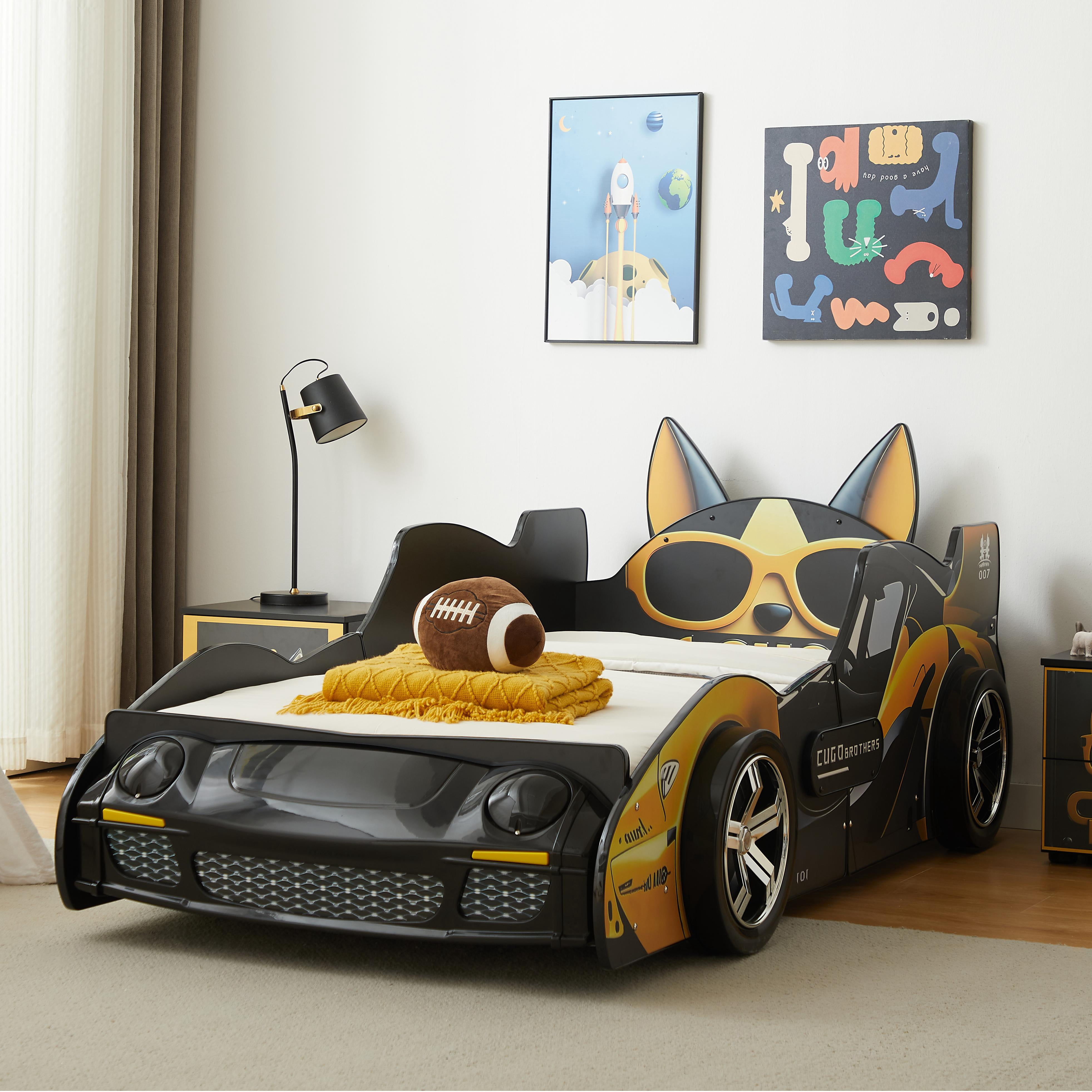 Kids Race Car Bed Frame Twin Size - Cartoon Dog & LED Headlight Design, 250lb Weight Capacity, Easy Assembly Montessori Floor Bed for Toddlers,Blue