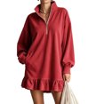 thumbnail image 2 of Womens Half Zip Stand Collar Ruffle Hem Mini Sweatshirt Dress, Oversized Drop Shoulder Long Sleeve Loose Casual Street Loungewear Short Dress M, 2 of 7
