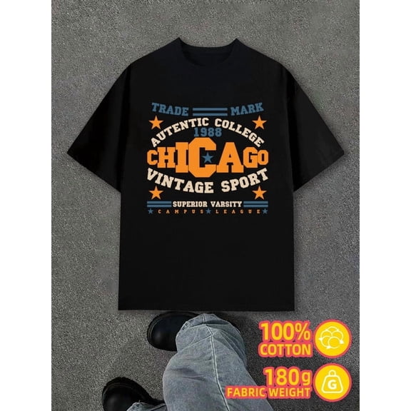 Greenink Chicago Vintage Sport mens black 180G 100% Cotton Comfortable loose and fashionable T-shirt Basic Unisex Shirt Graphic tshirts Trendy Unisex Shirt Short Sleeve tshirts