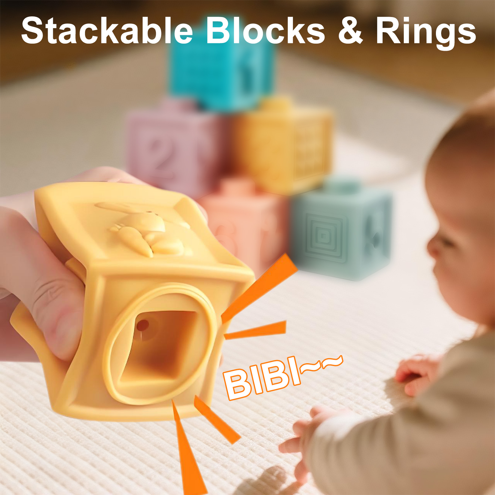 6-in-1 Montessori Baby Toys for 6-12 Months, Pull String Teether, Infant Stacking Blocks, Sensory Storage Bin Teething Toy Gifts for 1 2 3 Year Old Boys Girls