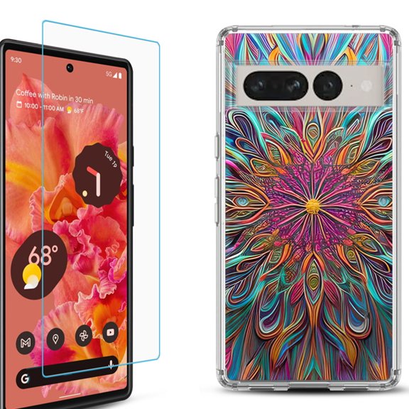 Shockproof Bumper Phone Case for Google Pixel 7, with Tempered Glass Screen Protector, by OneToughShield ® - Doodle Art