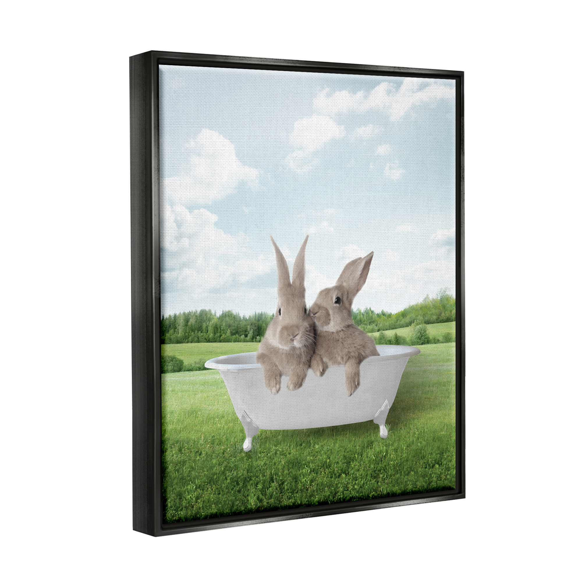 Stupell Industries Bunnies in Tub Landscape Nature Painting Black Floater Framed Art Print Wall Art, 25 x 31