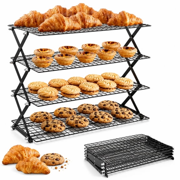 Sentryse 4 Tier Cooling Rack for Baking, Adjustable Collapsible Wire Rack with 100 Parchment Paper Sheets & Silicone Baking Mat for Cookies, Cakes, Roasting & Meal Prep
