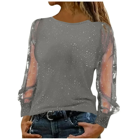 UTSJKR Women's Sequin Blouses Shiny Glitter Mesh Tops Splice Sparkly Dressy Long Sleeve Loose Tunic Fall Casual Shirts Gray M