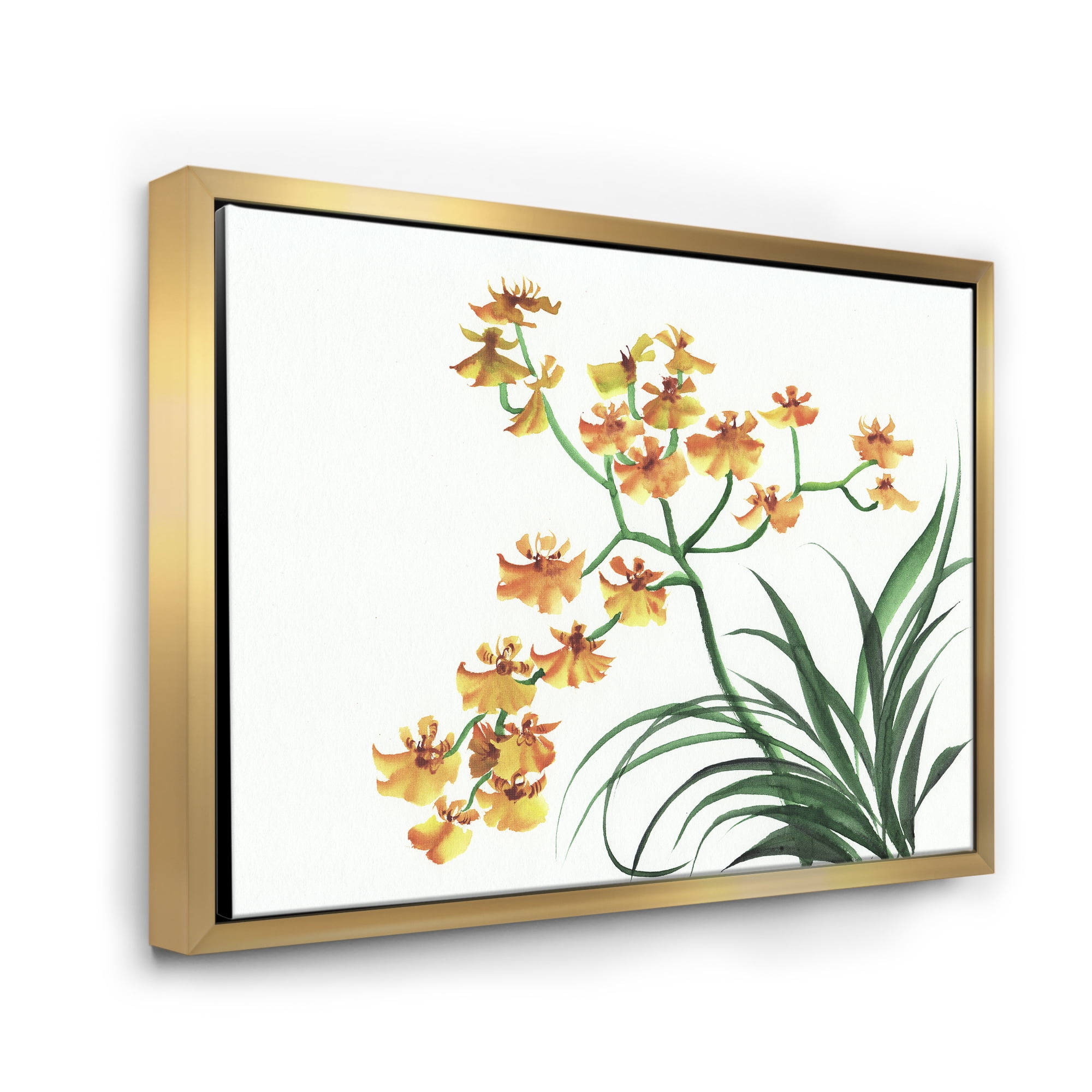 Designart 'Yellow Vintage Orchids On White' Traditional Framed Canvas Wall Art Print