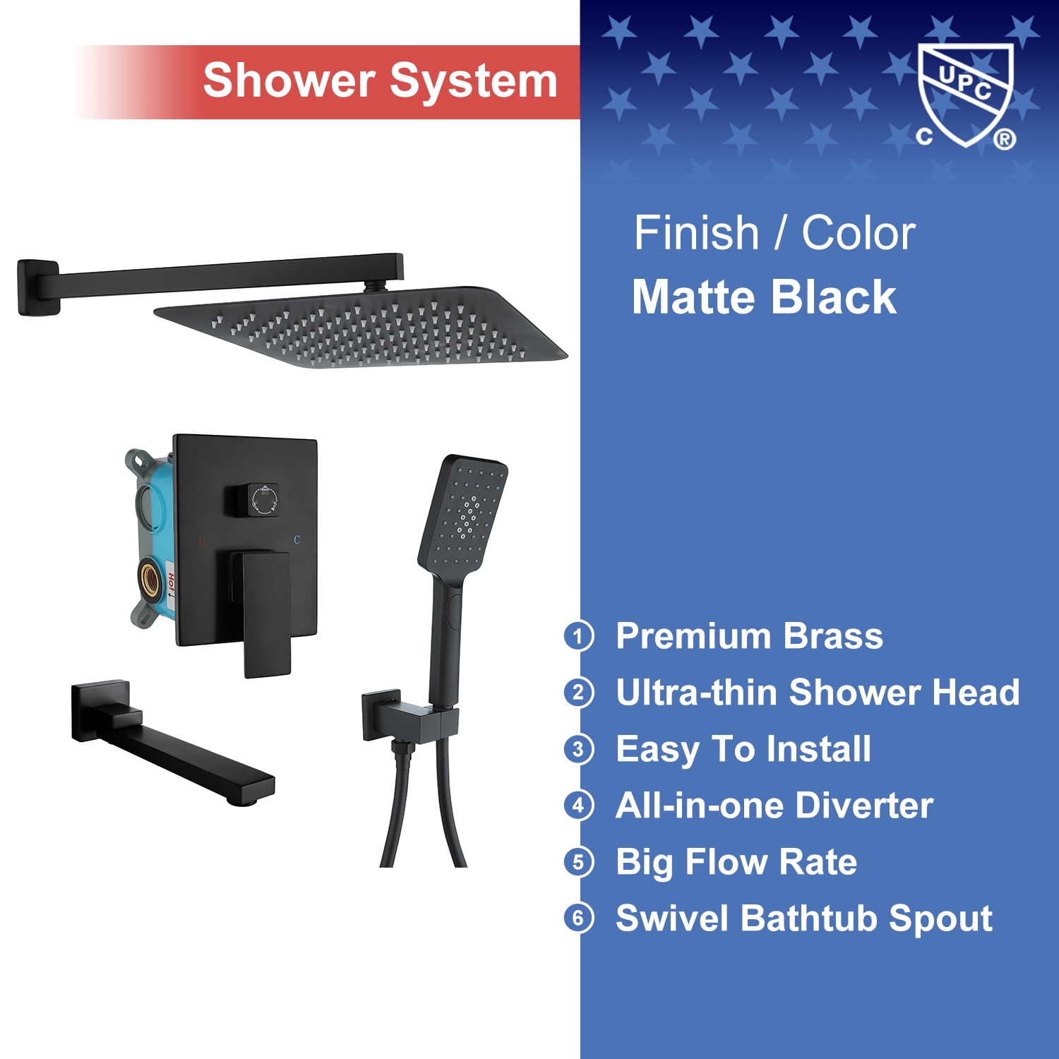 Rainlex One-Handle 1-Spray Setting Matte Black Bathtub Shower Faucet
