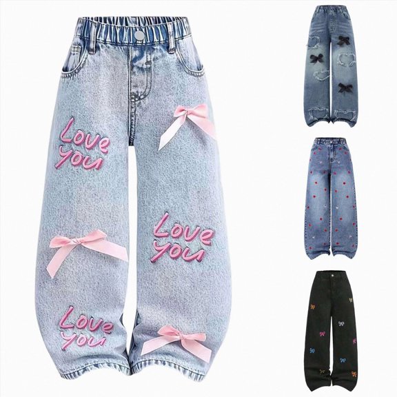 CAUYDY Jeans for Girls Wide Leg Tween Baggy Denim Pants Elastic Waisted Cute Print Y2k Trousers with Pockets Sizes 9-10 Years