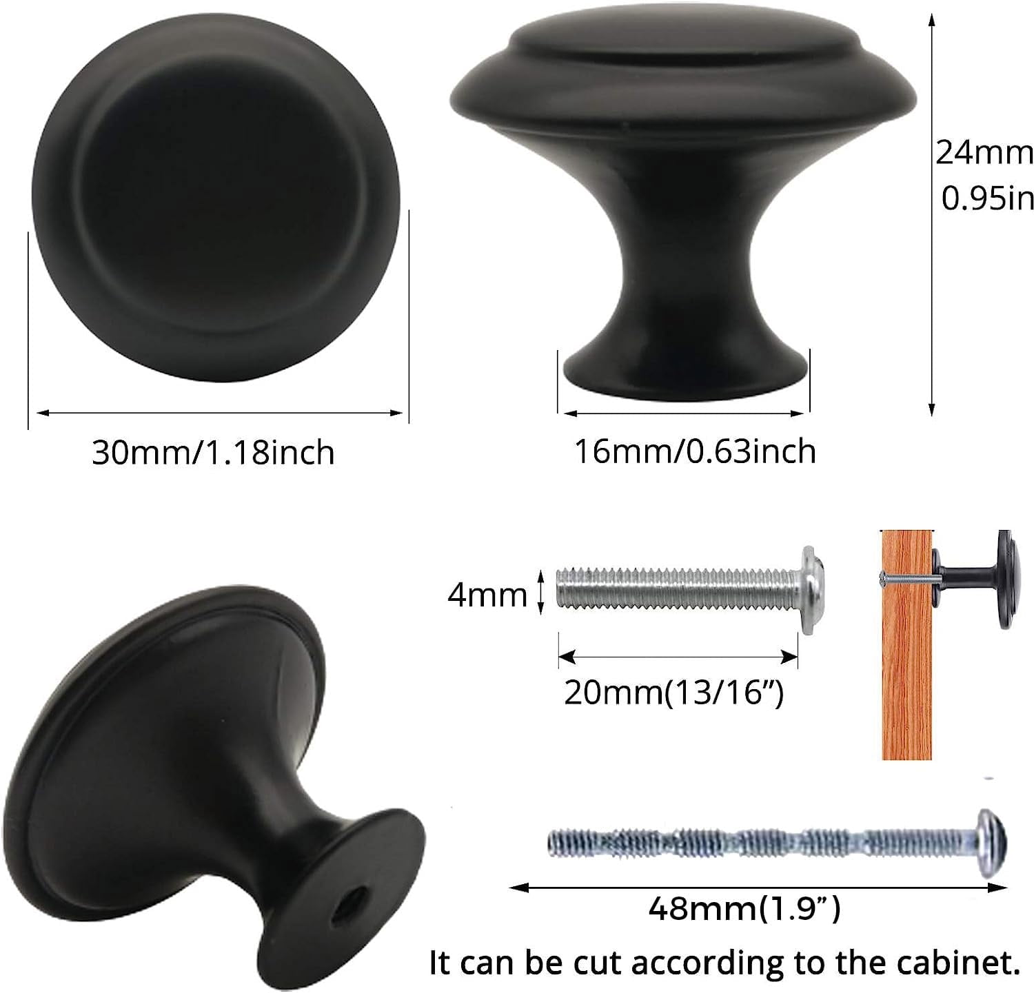 30 Pack Round Kitchen Cabinet Knobs, 1.2" 30mm Flat Black Zinc Round Drawer Knob for Cabinets Dressers,with Screw